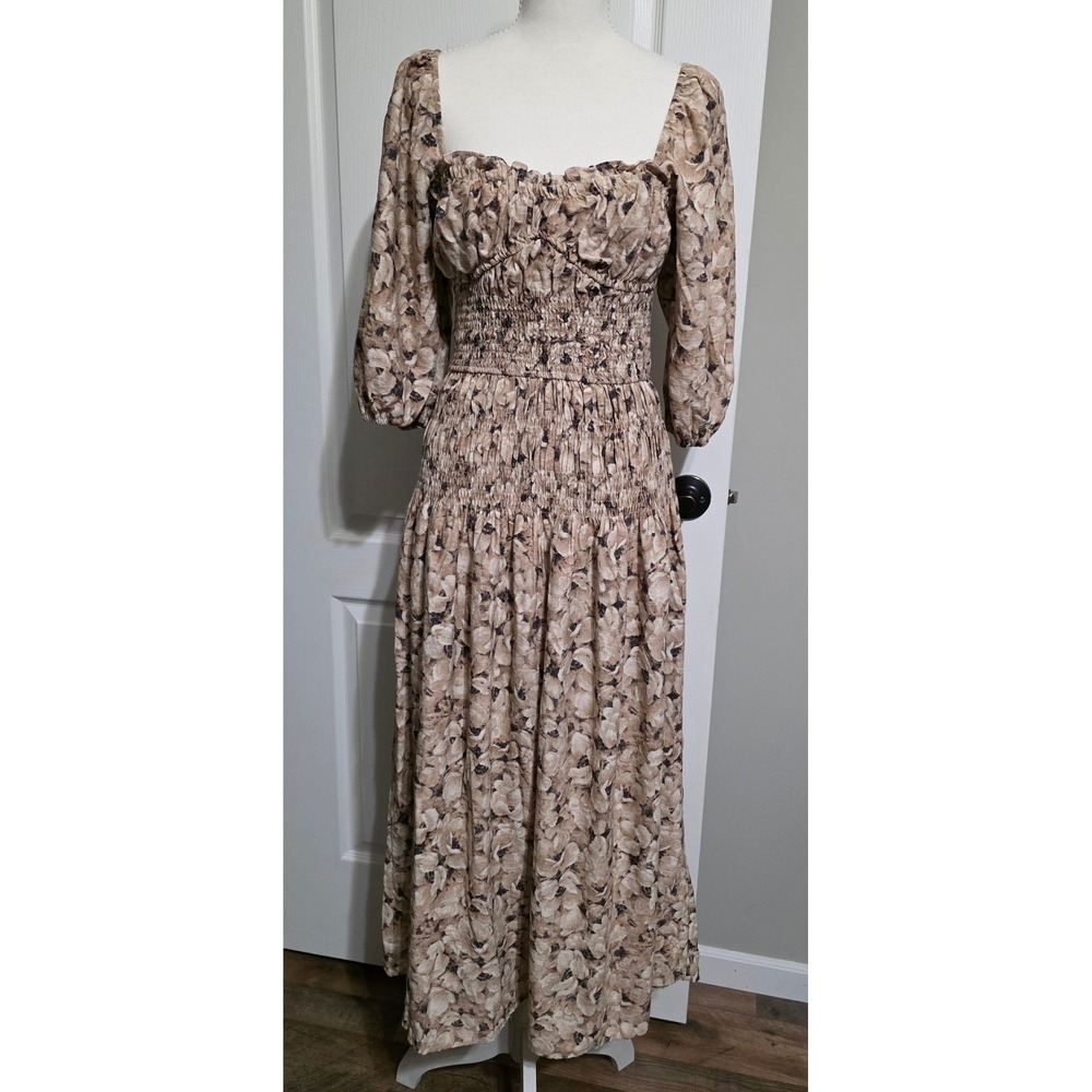 Brown & Tan Floral Smocked Maxi Dress Womens XS Puff Sleeve Square Neck‎ Boho